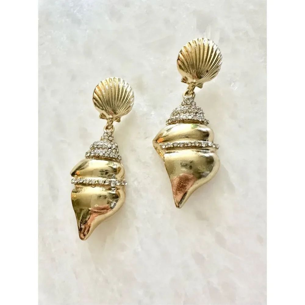 Gold color seashell dangle earrings with rhinestones ￼